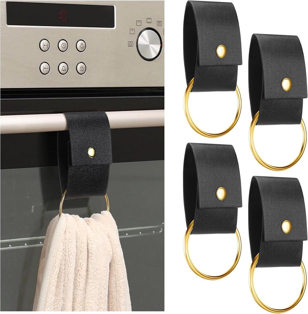 Hoolerry 4 PCS Leather & Metal Towel Ring Holder for Kitchen Dish Towels Holder with Loop Oven Door Hanger Gifts for Farmhouse Home Decor(Black)