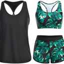 Yonique 3 Piece Athletic Tankini Swimsuits for Women with Shorts Swim Tank Tops with Sports Bra and Boyshorts Bathing Suits L