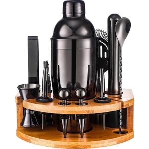 Bartender Kit with Bamboo Stand, 12 Piece 25oz Cocktail Shaker Set with All Essential Bar Tools Set for Drink Mixing, Ideal Gifts for Cocktail Lovers, Home Bar Bartending Kit with Cocktail Recipes (Black)
