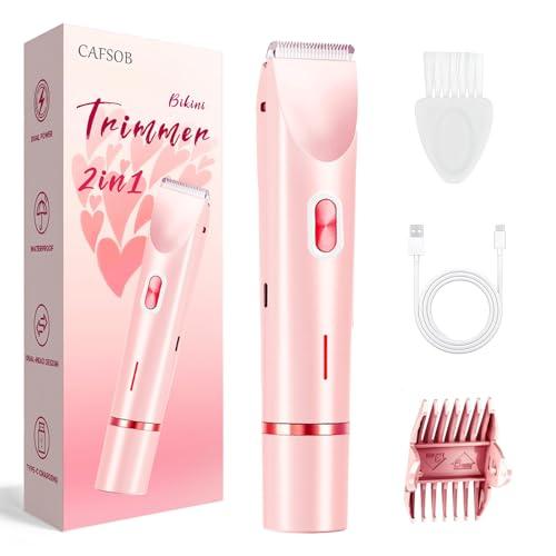 CAFSOB Bikini Trimmer for Women, 2 in 1 Electric Razors for Women, Dermave Bikini Shaver 2.0, IPX7 Waterproof & Easy Cleaning, Ceramic Blade, 120 Min Cordless Runtime, Ultra Low Silent (Pink).
