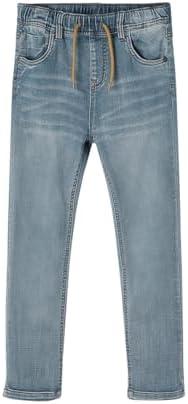 Haloumoning Boys Jeans Kids Elastic Waist Straight Leg Denim Pants with Drawstring 14-15 Years