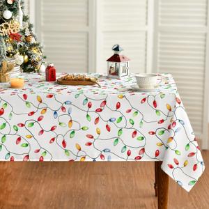 Horaldaily Christmas Tablecloth 60120 Inch Rectangular, Red Green Yellow Lights Washable Table Cover for Party Picnic Dinner Decor (White)