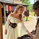 Renaissance Costume Women Pirate outfit Ren Faire Dress Off Shoulder Bell Sleeve Arm chain Waist Belt waist chain, Size Small