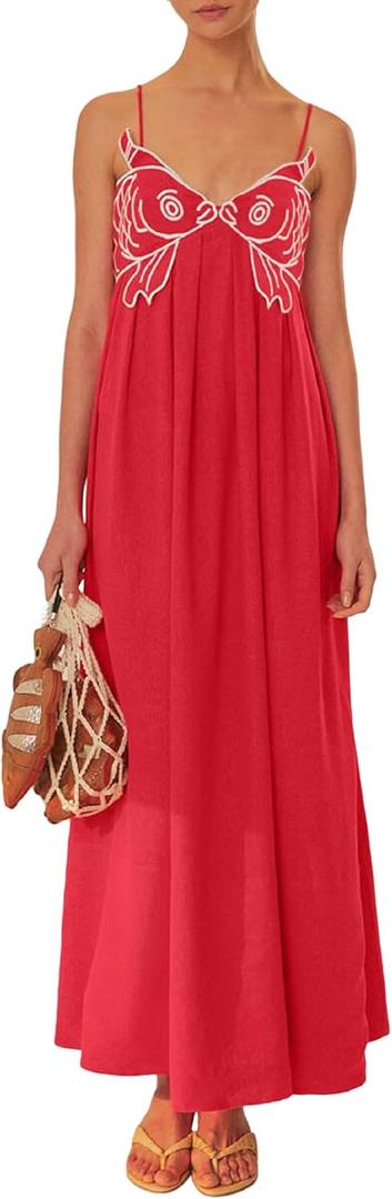 Women Koi Fish Long Cami Dress Y2k Embroidered Spaghetti Strap Flowy Maxi Dress Backless Summer Vacation Sundress (Large)