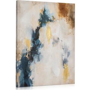 Briful Abstract Canvas Wall Art - Indigo, White, Gold - Modern, Living Room & Bedroom - 20'' x 28''