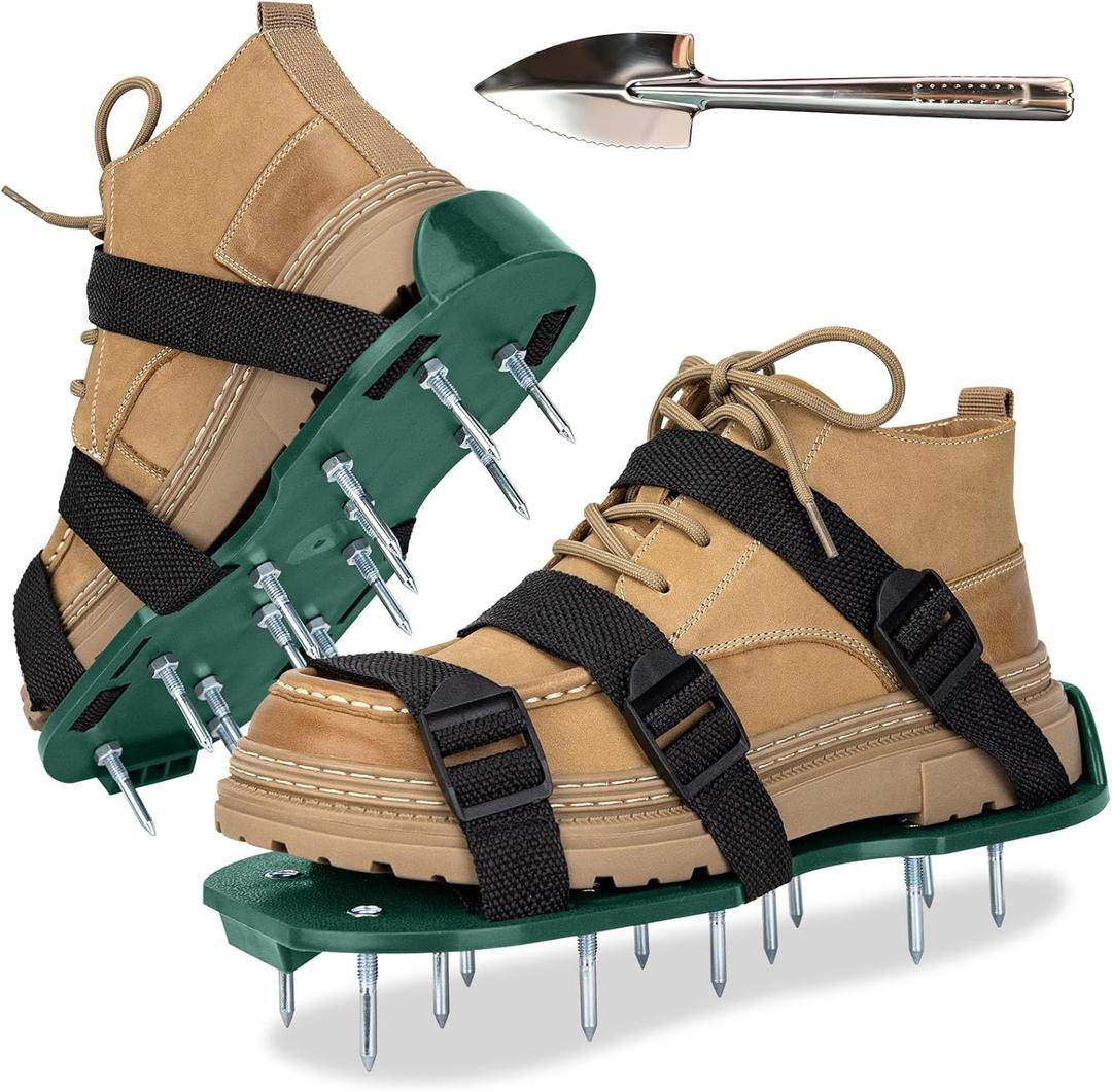 Lawn Aerator Shoes with Adjustable Strap and Heavy Duty Spikes for Grass Aerating Patio Garden One-Size-Fits-All Use for Yard Patio Lawn Garden (Green)