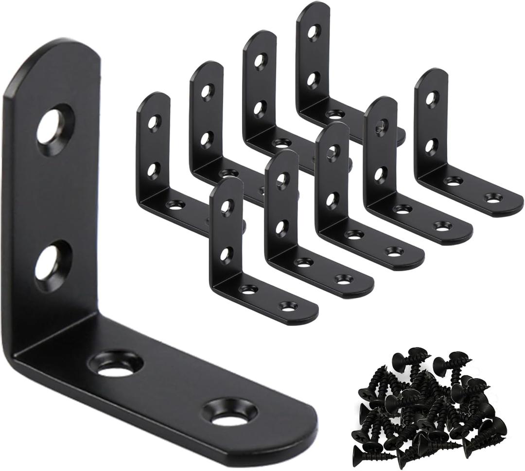 10 Pack L Brackets for Shelves Corner Brace| 2x2'' Heavy Duty Stainless Steel Wall Mount Bracket| Black Metal Small Braces with 40 Screws for Wood Furniture