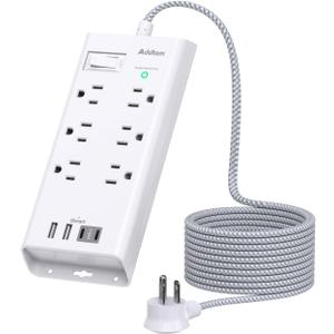 Addtam Power Strip Surge Protector 6 Outlets and 4 USB Ports(2 USB-C Ports) 5Ft Long Extension Cord, Flat Plug Overload Surge Protection Outlet Strip, Wall Mount for Home, Office and Dorm