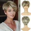 BECUS Short Blonde Wigs for White Women Pixie Cut Wig Pixie Layered Short Wigs for Older Women Synthetic Daily Halloween, Icy Ash Blonde (Small Head Friendly)
