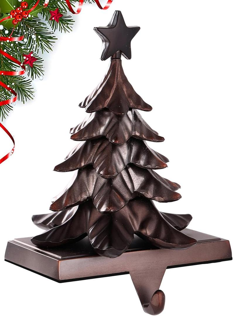 DAJAMAI Christmas Stocking Holder for Mantel, 3D Xmas Tree Metal Stocking Hooks for Fireplace - Christmas Tree Stocking Hanger for New Year Holiday Gifts Fireplace Decor Non-Skid Durable and Sturdy