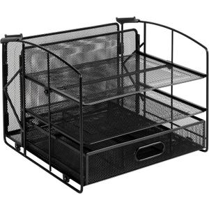 Amazon Basics Sturdy Rectangular Desktop Organizer with 3 Trays, Sliding Drawer and Hanging File Holder for Office Supplies, Black