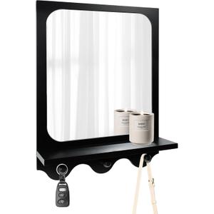 Snazzify 16x12 Inch Wall-Mounted Mirror with Shelf and Hooks, White Decorative Entryway Mirror with Storage for Hallway, Bathroom, or Bedroom - 4in Shelf Width, Black