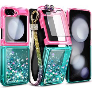 Designed for Samsung Galaxy Z Flip 6 Case, Glitter Floating Liquid Cute Phone Case with [Screen Protector Tempered Glass][Camera Lens Protector][Diamond Wrist Strap Lanyard] Pink/Aqua