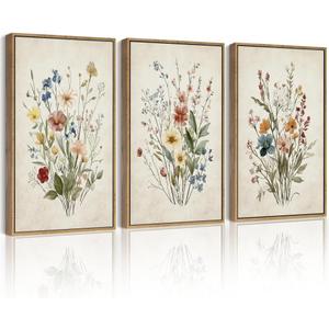 Drsoum Vintage Flower Bouquet Framed Retro Wildflower Botanical Pictures Prints Modern Colorful Floral Rustic Artwork Bedroom Living Room Ready to Hang 11x14in Natural Framed (Green Plants Prints)