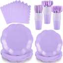 175 Pcs Light Purple Plates and Napkins Set, 25 Guest Purple Party Supplies Include Scalloped Plate Paper Napkin Cup Forks Knives Disposable Plastic Cutlery for Wedding Baby Shower Birthday Party