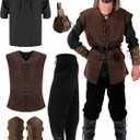 Suhine 6 Pcs Men's Halloween Renaissance Costume Set Medieval Vest Shirt Ankle Banded Pants Viking Belt Armband Pouch (Large, Elegant Color)