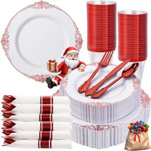 Nervure 350PCS Red Plastic Plates - White Red Plastic Dinnerware Set for 50 Guests - 100 Red Disposable Plates, 50 Pre Rolled Cutlery Set, 50 Cups Perfect for Wedding, Party & Christmas