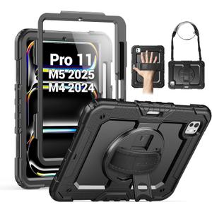 SEYMAC for iPad Pro 11 Inch Case M5 2025 / M4 2024, Heavy Duty Shockproof Protective Case with Screen Protector, 360 Rotating Stand, Hand/Shoulder Strap and Pen Holder, Black