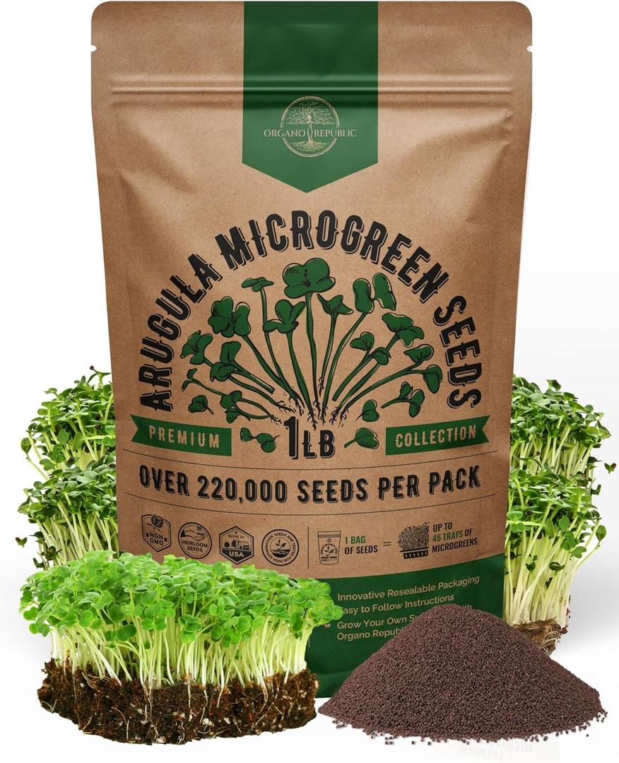 Organo Republic Arugula Sprouting & Microgreens Seeds - Non-GMO, Heirloom Sprout Seeds Kit, 1lb Resealable Bag for & Growing Microgreens in Soil, Coconut Coir, Aerogarden & Hydroponic System. Organo Republic Arugula Sprouting & Microgreens Seeds - Non-GMO, Heirloom Sprout Seeds Kit, 1lb Resealable Bag for & Growing Microgreens in Soil, Coconut Coir, Aerogarden & Hydroponic System.