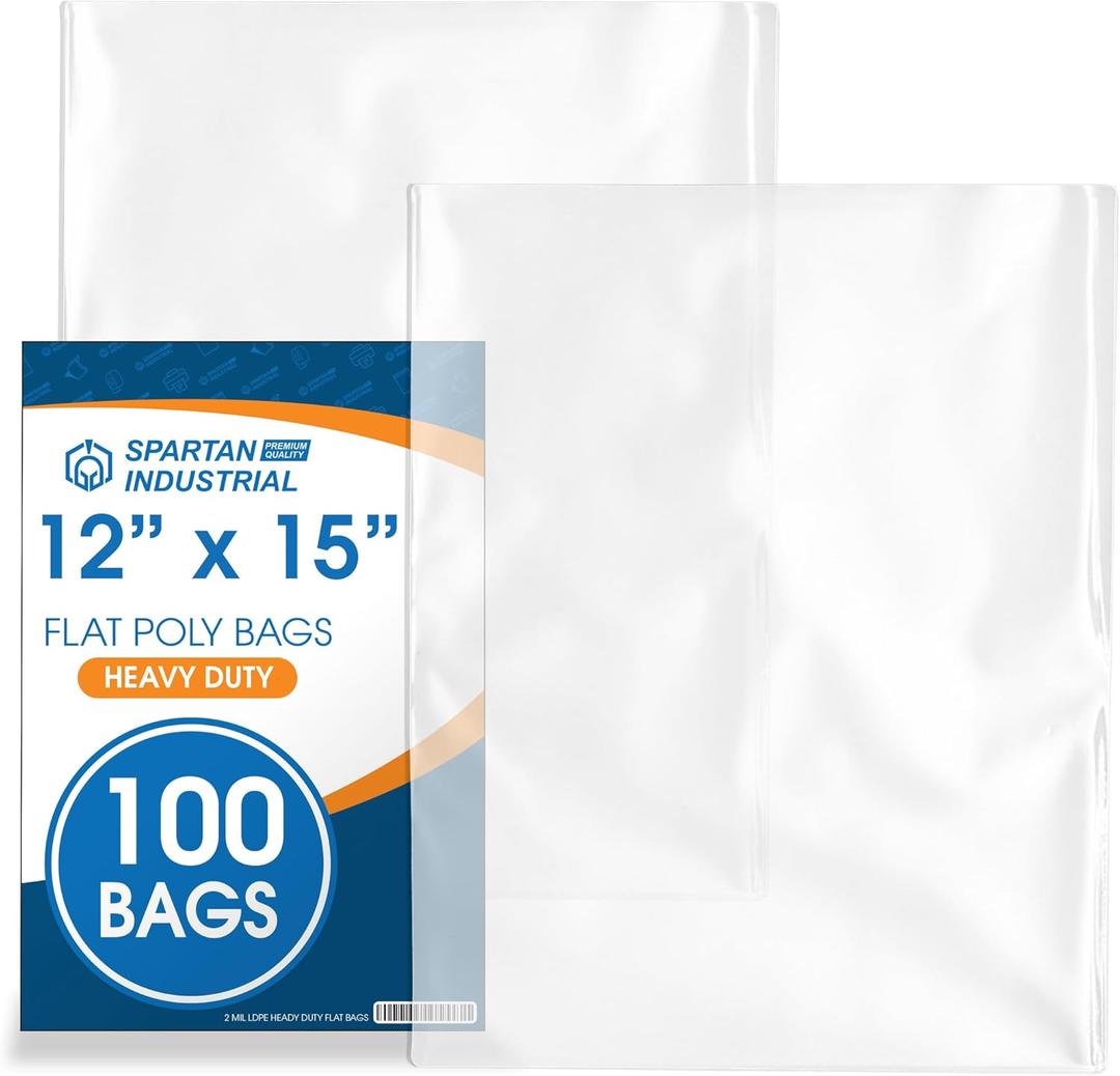 12" X 15" Open-End Flat Poly Bags (100 Count) - 2 Mil Plastic Clear Bags for Packaging, Shipping, Storage - No Adhesive Strip - Spartan Industrial