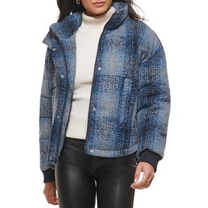 Levi's Women's Cinch Waist Puffer Jacket (Medium, Blue Ombre Wool Plaid)