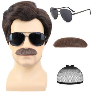 Short Brown Men Wig with Msutache and Sunglasses for 70s 80s Costume Cosplay Halloween Party (Dark Brown)