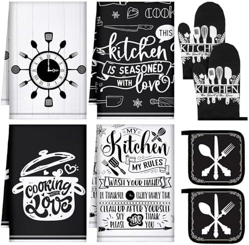 Leinuosen 8 Pcs Cooking Kitchen Towels and Oven Mitts Sets Pot Holders Dishcloths Set Kitchen Decorative Accessories Absorbent Gloves Potholders Heat Resistant for Chef Baking Cooking(Black and White)