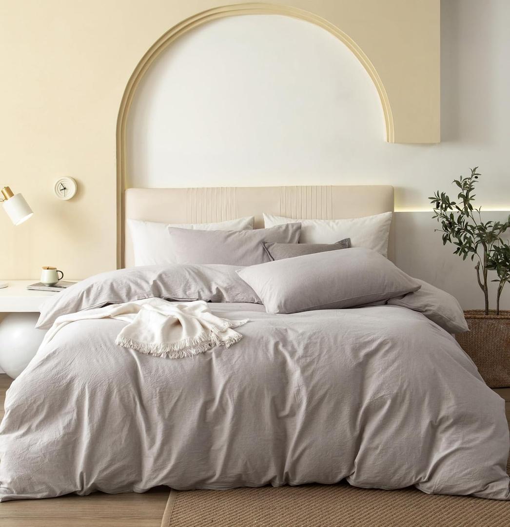 JIYUAN King Size Duvet Cover Set, 3-Piece - 100% Washed Cotton, Linen-Like Soft & Breathable with Zipper Closure, Includes 104x90 Inch Cover & 2 Pillowcases, Heathered Cream Grey