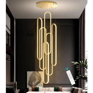 6-Rings Modern Chandelier, LED Gold Large Contemporary Light for Staircase, Dimmable Flush Mount High Ceiling Chandeliers with Remote Control for Villa Foyer, 40in x 7.9in x 138in