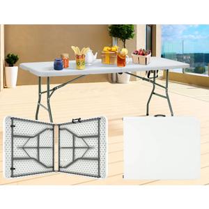 Folding Tables, 6 Foot Folding Table with Handle and Steel Legs, Indoor Outdoor Fold-in-Half Portable Table for Camping, Dining, Party, Picnic, Plastic Table White Folding Table Banquet Tables