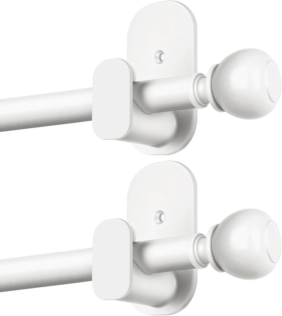 2 Pack White No Drill Curtain Poles for Windows 48 to 84 Inches, USFOOK 5/8 Inch Window Treatment Rods with 3M Adhesive Brackets, Renter Friendly Curtain Rod with Round Finials