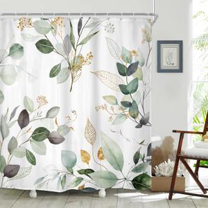 Riyidecor Spring Sage Green Shower Curtain 72Wx72H, Botanical Eucalyptus Leaf Light Green Gold Bathroom Curtain, Watercolor Plants Earthy Shower Curtain Sets with 12 Pack Hooks Ideal for Bathroom