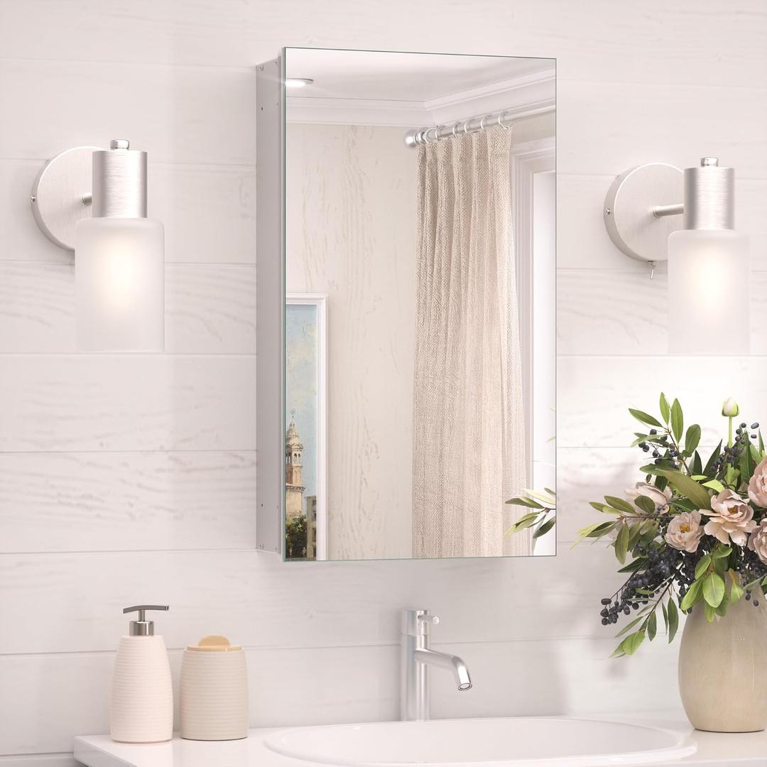 TokeShimi 14x24 Bathroom Mirror with Storage Tempered, Aluminum Silver Recessed Medicine Cabinet with Mirror Frameless Stepless Adjustable Shelf, Surface Mount Medicine Cabinet for Bathroom