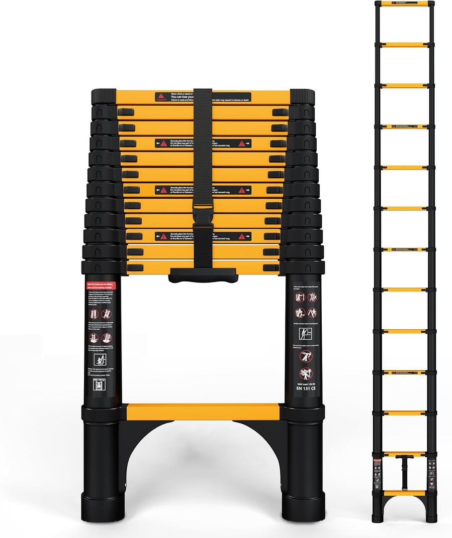 SINMEIRUN Telescoping Ladder, 12.5 FT, Aluminum Extension Ladder, 330 lbs Capacity, Collapsible Multi-Purpose Ladder for Home, Roof and RV; Yellow