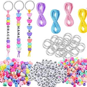 ZEMBOO DIY Bead Keychain Kit - Key Chain Making Craft, Letter Beads for Jewelry Accessories, Festival Party Gift Favor for Mama Dad Lover Singer Fans, Gifts for Teacher (566pcs)
