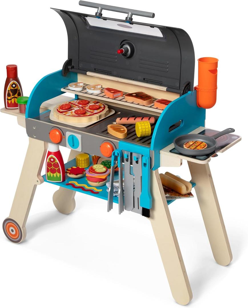 Melissa & Doug Deluxe Wooden Barbecue Grill, Smoker & Pizza Oven, Toy Food & Kids Play Kitchen Accessories, Preschool Learning Toys for Girls & Boys 3+ - FSC Certified, 22.2 x 14.95 x 8.4