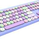 Wireless Keyboard and Mouse Combo, 2.4GHz Full-Sized Colorful Cute Keyboard Mouse Set with Retro Typewriter Flexible Round Keys for Windows, Computer, Laptops, PC Purple Colorful