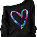 MAGICMK Womans Sweatershirt Lips Print Causal Blouse Off The Shoulder Long Sleeve Loose Slouchy Pullover Plus Size Tops (Large, Bmheart)
