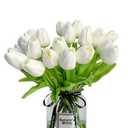 Nature’s Mimic 20pcs White Tulips Artificial Flowers 13.5 Inch Real Touch PU Fake Flowers Fake Tulips for Mother's Day Easter in Home Wedding Office Party Table Decoration