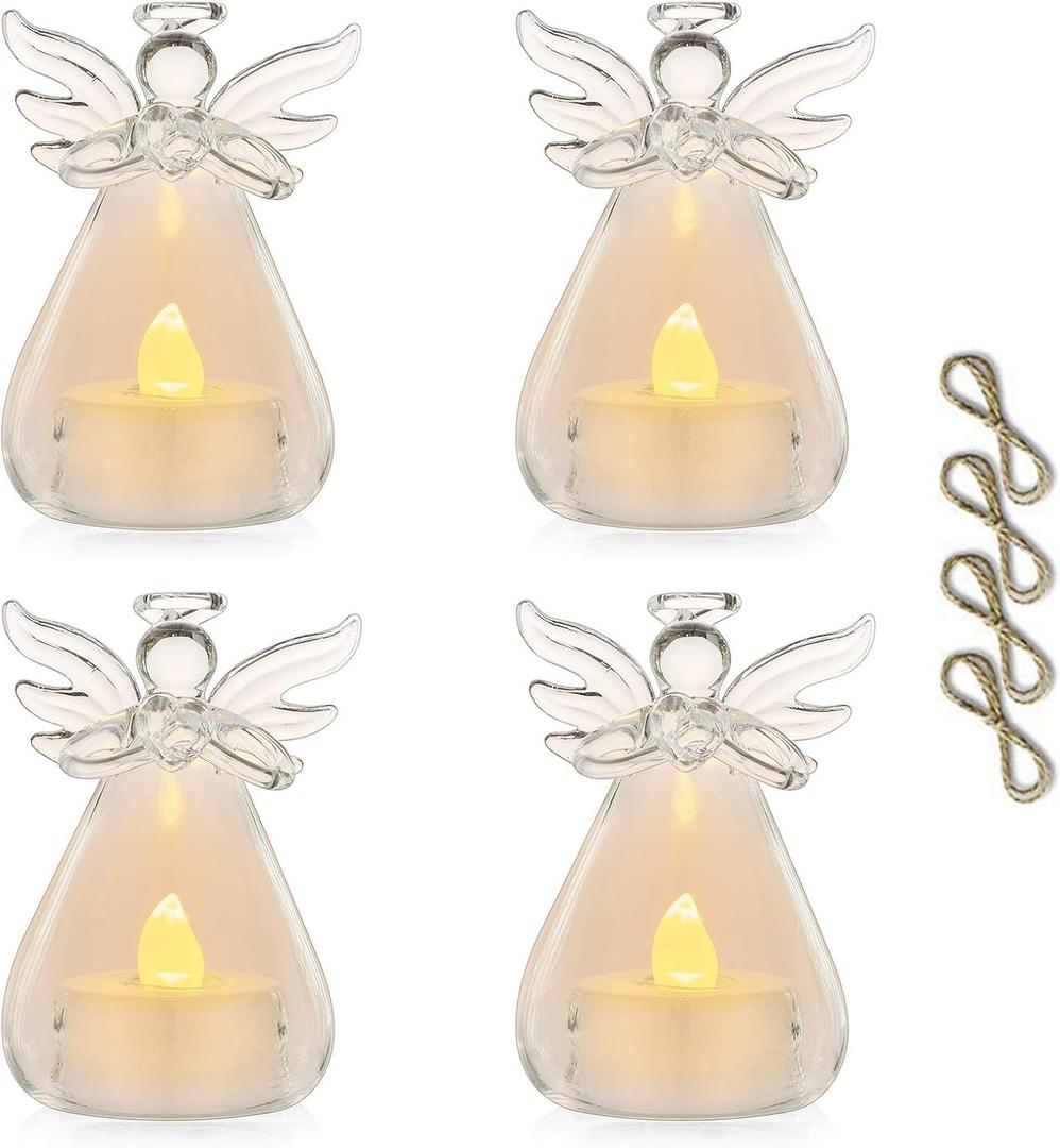 Pack of 4 Hanging Glass Candle Holders Angel Candleholders with Led Tealight Candle Inside Votive Decoration for Wedding Party Restaurant Hotel Garden Decoration,(3 Pcs + 1 Pcs)