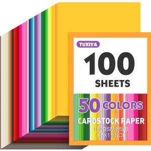 100 Sheets 8.5" X 11" Colored Cardstock, 50 Assorted Colors Construction Paper Card Stock Printer Paper for Printing, Card Making, DIY Crafts, School Supplies, Party Decorations (180GSM/65LB)