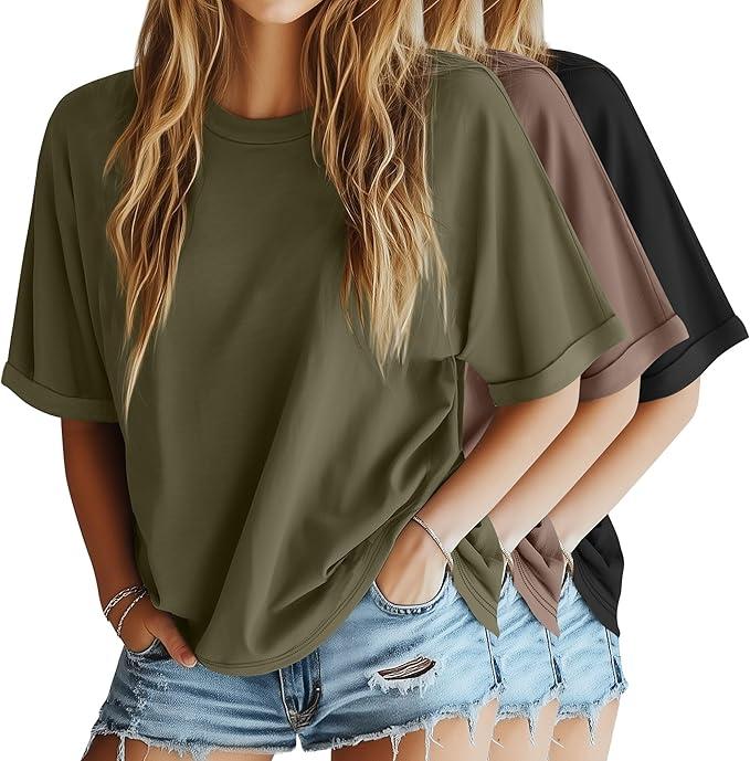 3 Pack Women's Oversized T-Shirt Half Sleeve Summer Tees Casual Loose Fit Crew Neck Basic Tops, Black, Brown, Grey, M