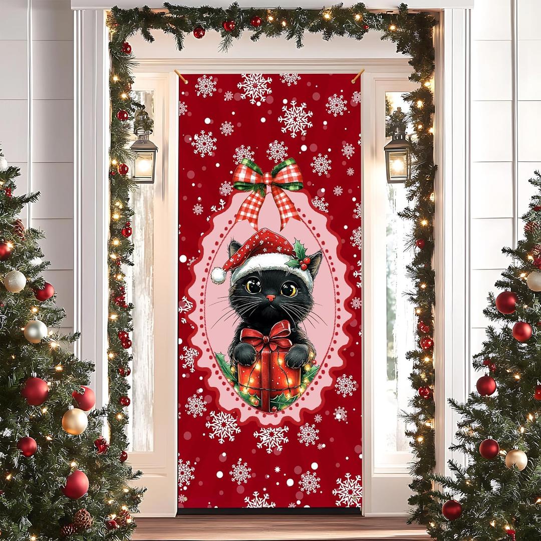 Christmas Door Cover Banner, Cute Black Cat Christmas Xmas Snowflake Front Door Cover Seasonal Holiday Party for Porch Entryway Wall Hanging Decoration, 35 * 79 Inch (Black and White)
