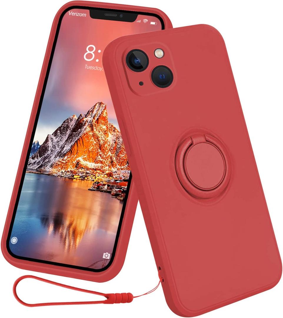 13peas Case for iPhone 142022 Released, Silicone case with Ring 360rotatable Kickstand Cover Support Magnetic Car MountProtective Cover with Strap Lanyard (Red)