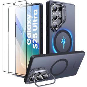 Magnetic Case for Samsung Galaxy S25 Ultra with Stand, Compatible with MagSafe, with 2 HD Screen Protectors, Military-Grade Protection, Translucent Matte Slim Case for S25 Ultra, Black