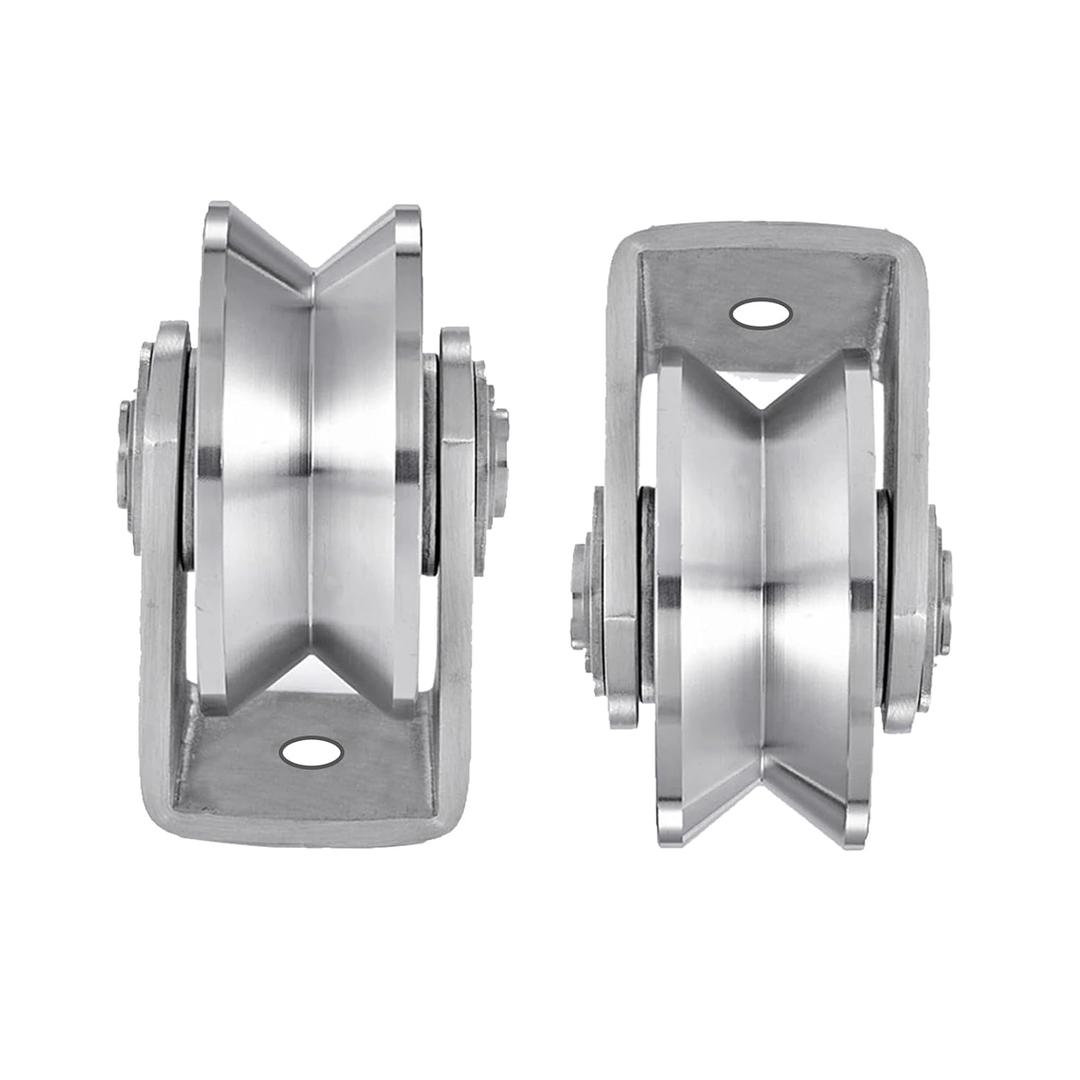 2pcs V Groove Wheel Stainless Steel Heavy Duty Wire Rope Pulley Block Sliding Gate Rollers Double Bearing Plate Caster Solid Track Rollers Wheels Fence Gate Wheel