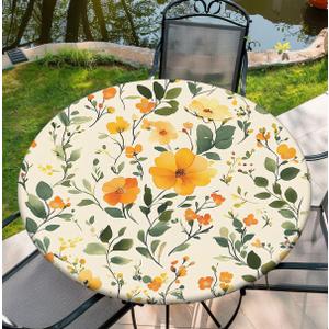 Round Tablecloth Fitted with Elastic, Fits for Table Round, Water Proof, Easy to Clean 46"-50" Table, 52Inch Tablecover, Wildflower