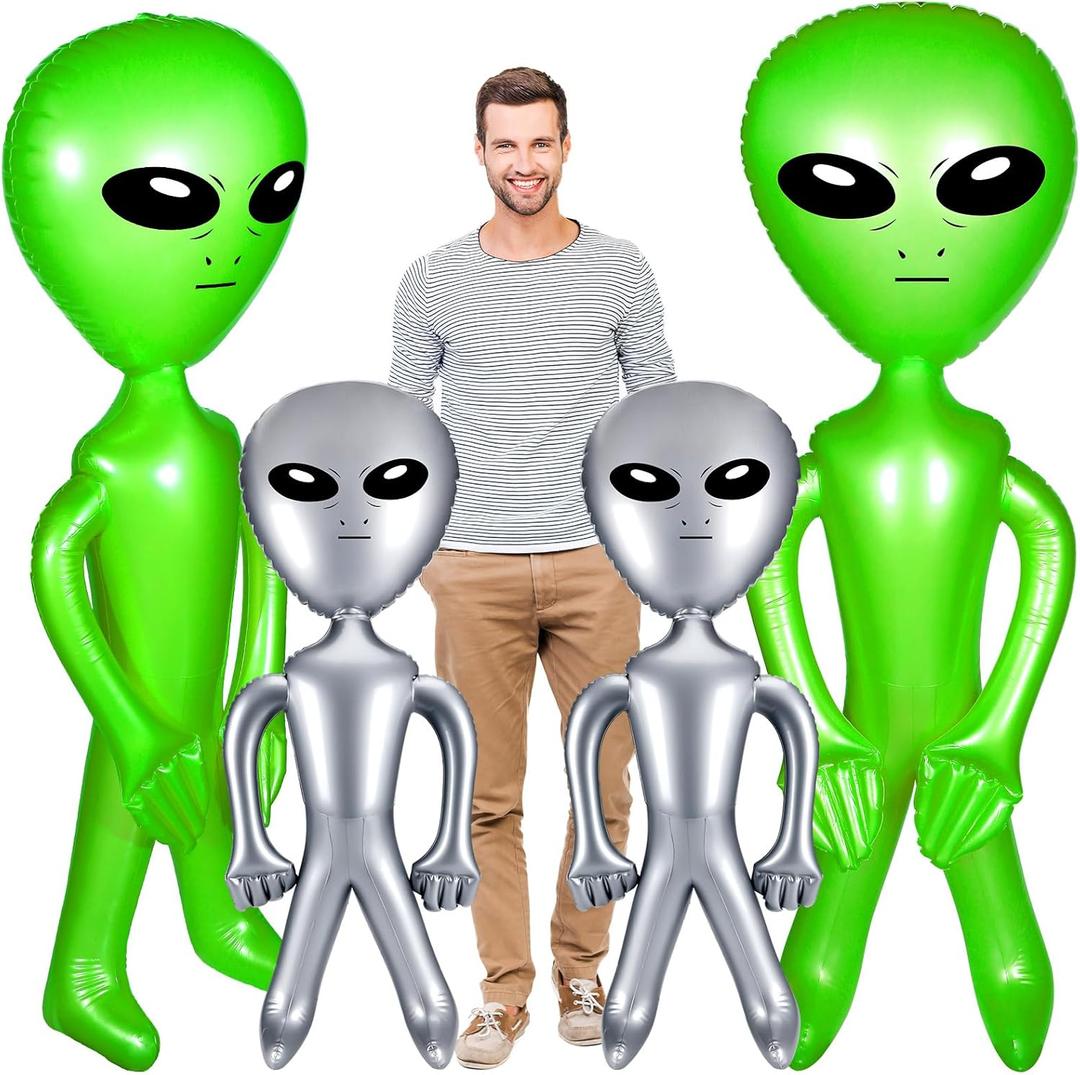 Zhanmai 4 Pcs 63/35 Inch Halloween Giant Alien Inflatable Jumbo Blow up Green Alien for Halloween Party Photo Prep Decor Theme Birthday Party Favors (Green, Silver)