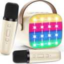 Bluetooth Karaoke Machine Toy for Kids- Mini Karaoke with 2 Wireless Microphone, Voice Changer & LED Lights, Portable Karaoke Mic for 3-8 Year Old Girls, Great for Birthday Home Party (Cream-coloured)
