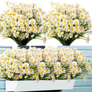 Artificial Daisies Outdoor Artificial Flowers,8 Bundles UV Resistant Fake Flowers Outdoor Plastic Flowers Shrubs for Indoor Outside Garden Porch Window Box Home Decor(White) (8 Bundles, White)